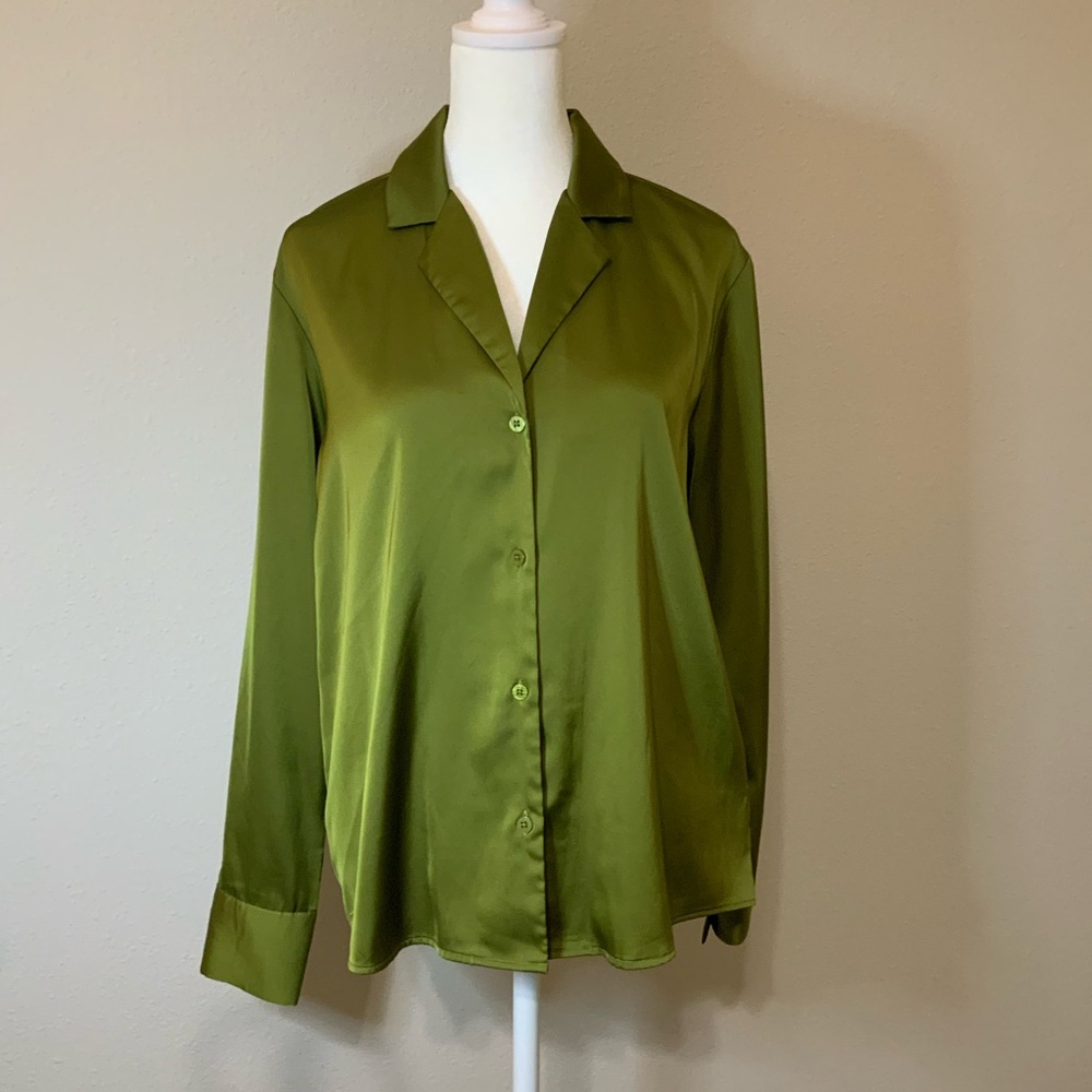 RACHEL Rachel Roy Satin Green Button-Down Shirt